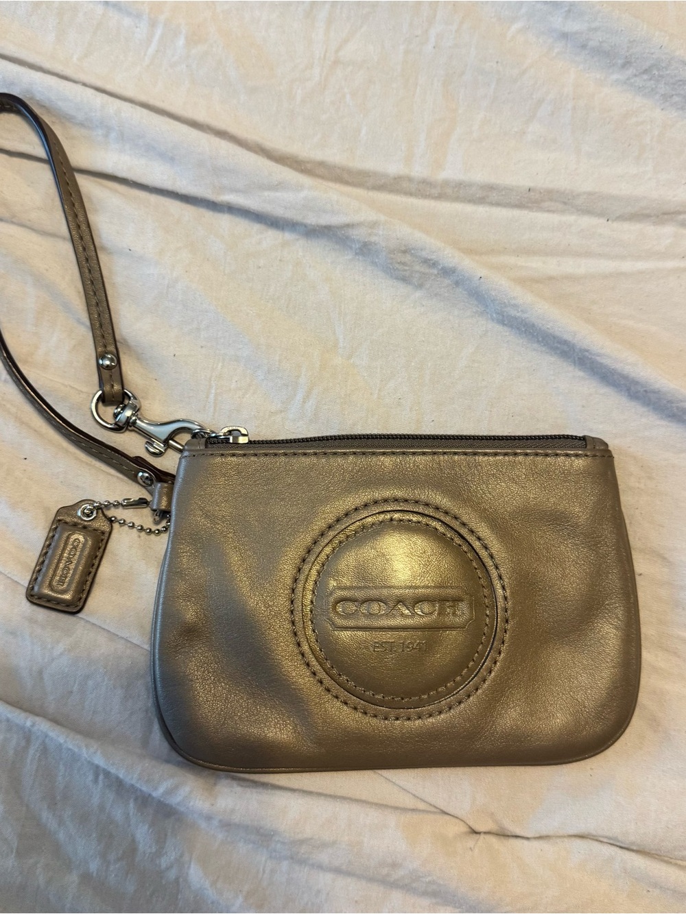 Coach Gray Leather Wristlet Clutch with Strap